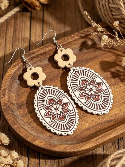 1 Pair Bohemian Vintage Carved Wooden Earrings, Hollow Flower Oval Drop Earrings For Women