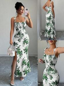 Nuevo vestido de mujer con tirantes de espagueti, lazo en la cintura, diseño de dobladillo fruncido y abertura, versátil para citas, fiestas y uso diario, favorecedora y elegante - Verde - Ver 3