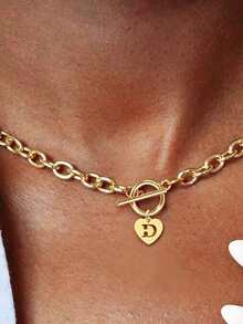 1 pieza Collar con colgante de letra en forma de corazón de acero inoxidable con cierre en T, uso de moda para mujeres en fiestas, evento de Ramadán - Estilo 3 - Ver 19