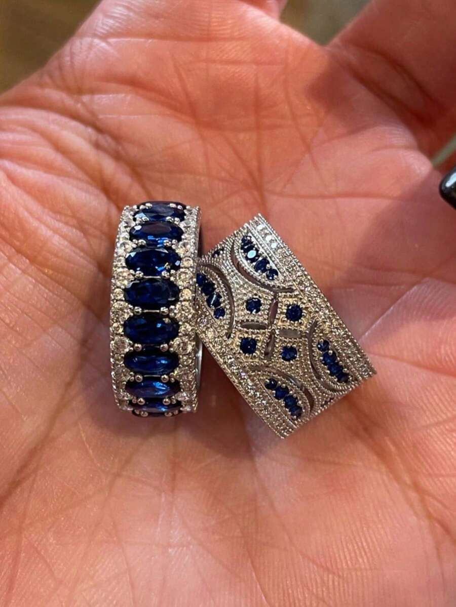 1pc Vintage Blue Gemstone Ring, Luxurious Stackable Design - Silver - View 1