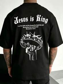 Men's Cotton Graphic Tee, Oversized "Jesus Is King" Gothic Letter Print Short Sleeve T-Shirt, Crew Neck Loose Streetwear Top, Soft Breathable Fabric, Religious Crown Slogan Graphic Design, Y2K Style, Casual Daily Wear, All-Match Basic Tee For Outdoor Street And Summer Casual Wear For Young Men - màu đen - Xem 1