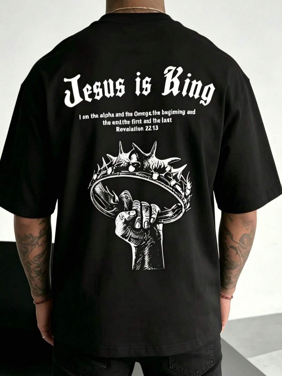 Men's Cotton Graphic Tee, Oversized "Jesus Is King" Gothic Letter Print Short Sleeve T-Shirt, Crew Neck Loose Streetwear Top, Soft Breathable Fabric, Religious Crown Slogan Graphic Design, Y2K Style, Casual Daily Wear, All-Match Basic Tee For Outdoor Street And Summer Casual Wear For Young Men - màu đen - Xem 1