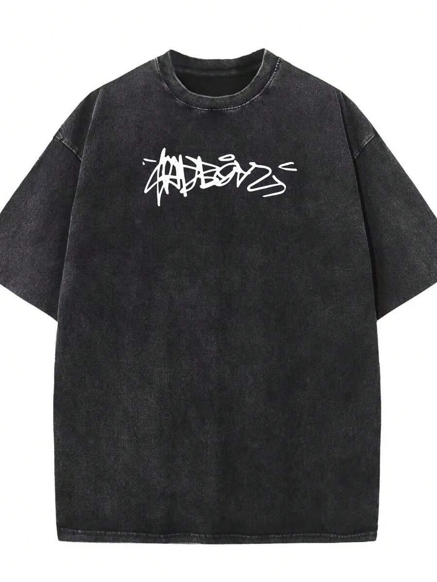 Camiseta lavada con estampado de grafiti negro, unisex de manga corta. - Negro - Ver 1