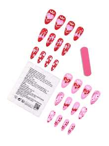 24PCS Short Almond Press On Nails With Design, Colorful Stars Polka Dots Hearts Pattern Fake Nails Cute Full Cover Nude Pink Acrylic Nails Spring Summer Color Vitality Glue On Nails For Women Girls - Multicolor - View 4