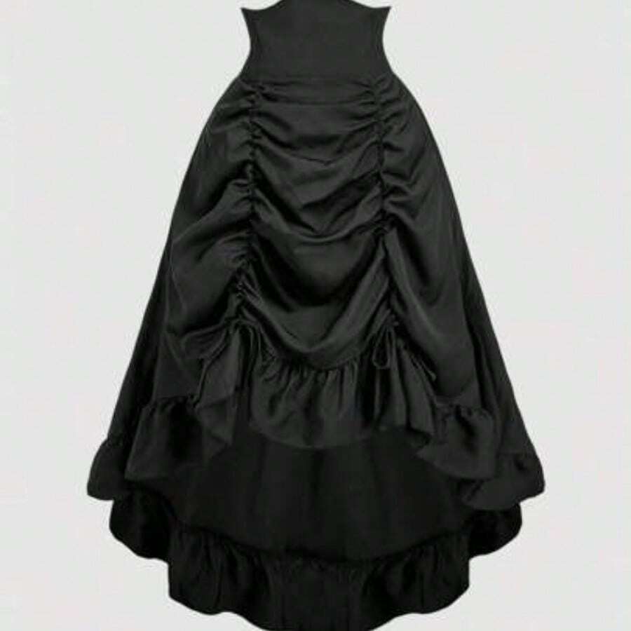 MOD Plus Size High Waist Asymmetrical Hem Skirt, High Waist Waistband, Pleated Front Hem, Adjustable Length, Ruffle Hem, Reversible Design, Gathered Back Waist, Olive Green, Vintage, Retro, Dark Green Formal Dress, Green Gown, Rouche Dress, Green Satin Dress, Dark Green Skirt,Christmas Skirt - Negro - Ver 1