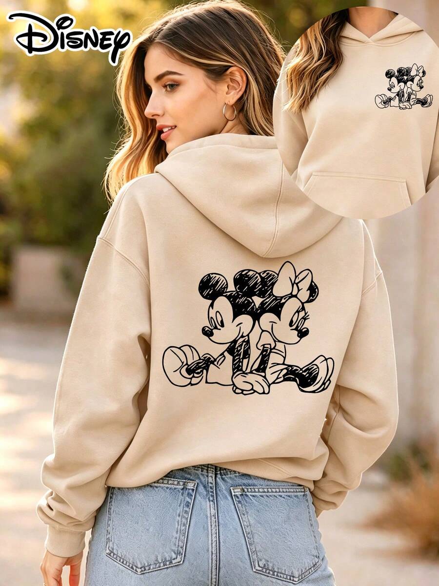 Disney Official Authorization | Women's Hoodie With Double-Sided Prints Of Mickey Mouse And Minnie Mouse. Featuring A Loose Oversize Fit, It Is Perfect For Daily Casual Wear, Outings And Shopping, And Also An Ideal Gift Option. - 杏色 - 查看 1
