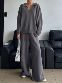 Conjunto de 2 piezas de suéter holgado de cuello vuelto de unicolor y pantalones de pierna ancha para mujer, otoño - Gris Oscuro - Ver 3
