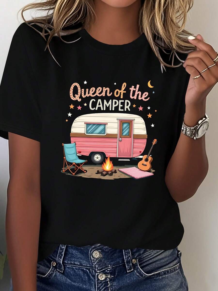 Camiseta de talla grande para mujer con estampado gráfico "Queen of the CAMPER", manga corta y cuello redondo, top casual para verano y primavera, ropa de mujer - Negro - Ver 1