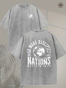 Christian Faith T-Shirt, 230 G/M², With "Disciples Of All Nations" Design And Global Mission, Religious Clothing In Soft Pink, T-Shirt With Biblical Quote From Matthew 28:19, Unisex Style For Church And Street, Machine Washable Travel T-Shirt, Creative Design With Earth Motifs, Soft Fabric. - 灰色 - 查看 7