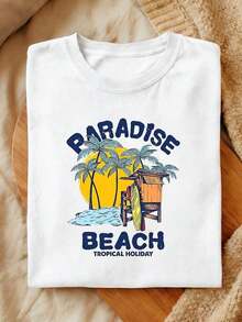 Camiseta de algodón con estampado gráfico para mujer, de manga corta, informal, con estampado de playa paradisíaca, top ligero y transpirable para vacaciones de verano, ropa fresca de moda p - Blanco - Ver 2