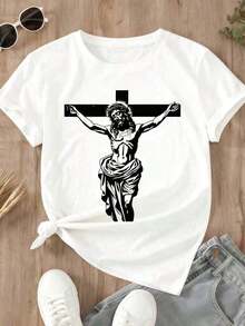 White Crew Neck T-Shirt With Jesus On The Cross Print, Religious Design For Everyday Wear And Expression Of Faith | Christian Faith | Bible Verses/Footprints Of Jesus | Pure Cotton, Soft And Breathable | For Everyday Wear/Church | Preferred By Believers And As A Gift - 白色 - 查看 4