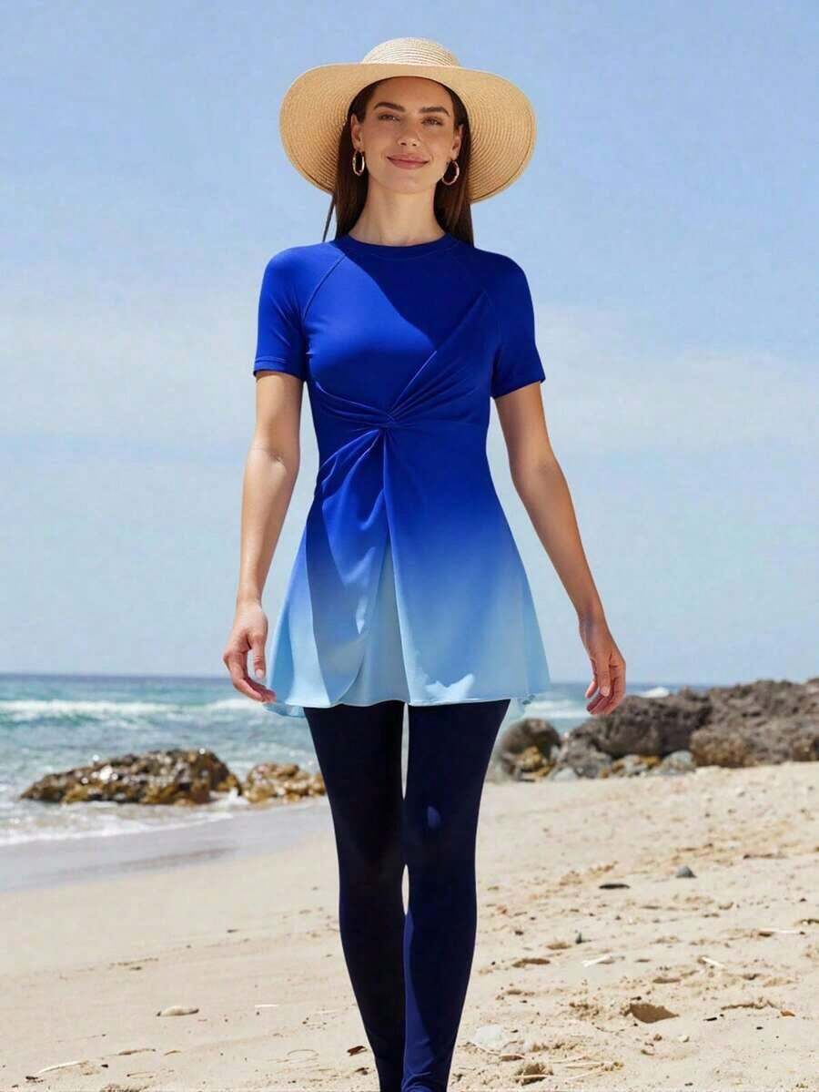 Swim Shayni Conjunto de 2 piezas de burkini de verano para mujer con manga corta y pantalón largo en estilo ombré de moda para jóvenes de Oriente Medio - Multicolor - Ver 1