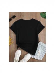 YOCASA Camiseta informal de verano para mujer, de cuello redondo, ajustada y manga corta, con estampado de pintura al óleo, floral, de corazones, de cerezas y de letras. Tejido informal sencillo, estilo deportivo, ideal para el día a día y para una cita de San Valentín. - Negro - Ver 3
