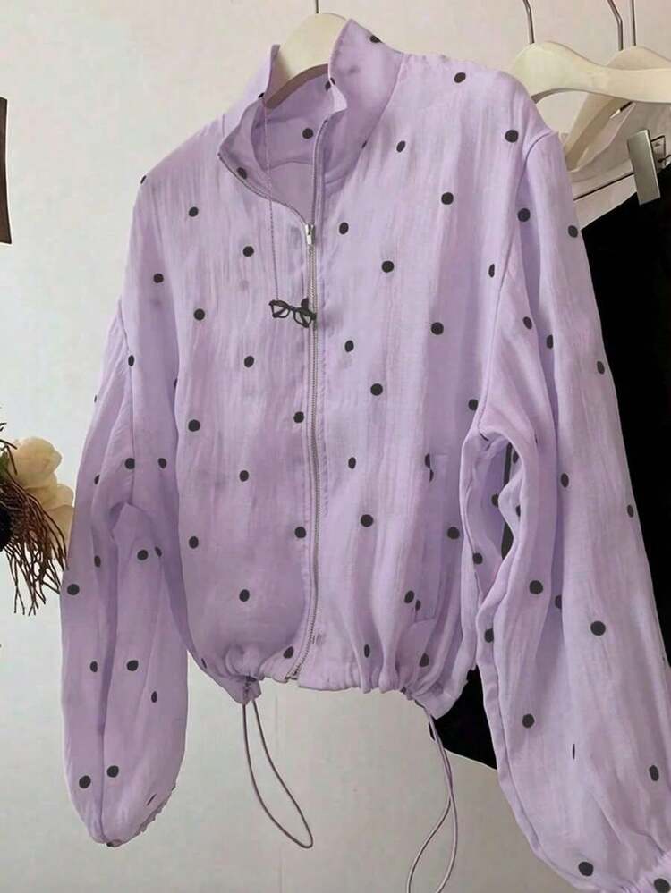 Chaqueta ligera con cremallera y dobladillo con cordón de lunares para mujer, primavera - Morado - Añade 4