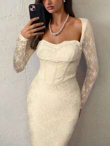 Vestido negro ajustado hasta el suelo con cuello corsé ahuecado y mangas largas con encaje en forma de S sexy para mujer para fiestas, citas y banquetes de otoño/invierno nuevo - Beis - Ver 5