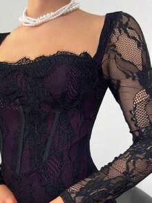 Vestido negro ajustado hasta el suelo con cuello corsé ahuecado y mangas largas con encaje en forma de S sexy para mujer para fiestas, citas y banquetes de otoño/invierno nuevo - Multicolor - Ver 6