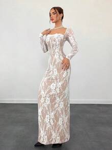 Vestido negro ajustado hasta el suelo con cuello corsé ahuecado y mangas largas con encaje en forma de S sexy para mujer para fiestas, citas y banquetes de otoño/invierno nuevo - Blanco - Ver 2