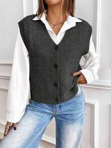 Chaleco de punto de color sólido, informal, de botonadura sencilla para mujer, otoño - Gris Oscuro - Ver 7