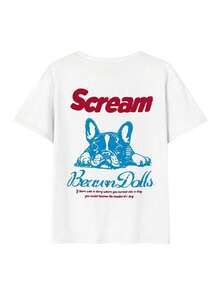 Women's Summer T-Shirt, American Vintage Style, Cream Color, With French Bulldog Print, Loose Fit, Versatile, Short Sleeve, Casual, White - 白色的 - 查看 5