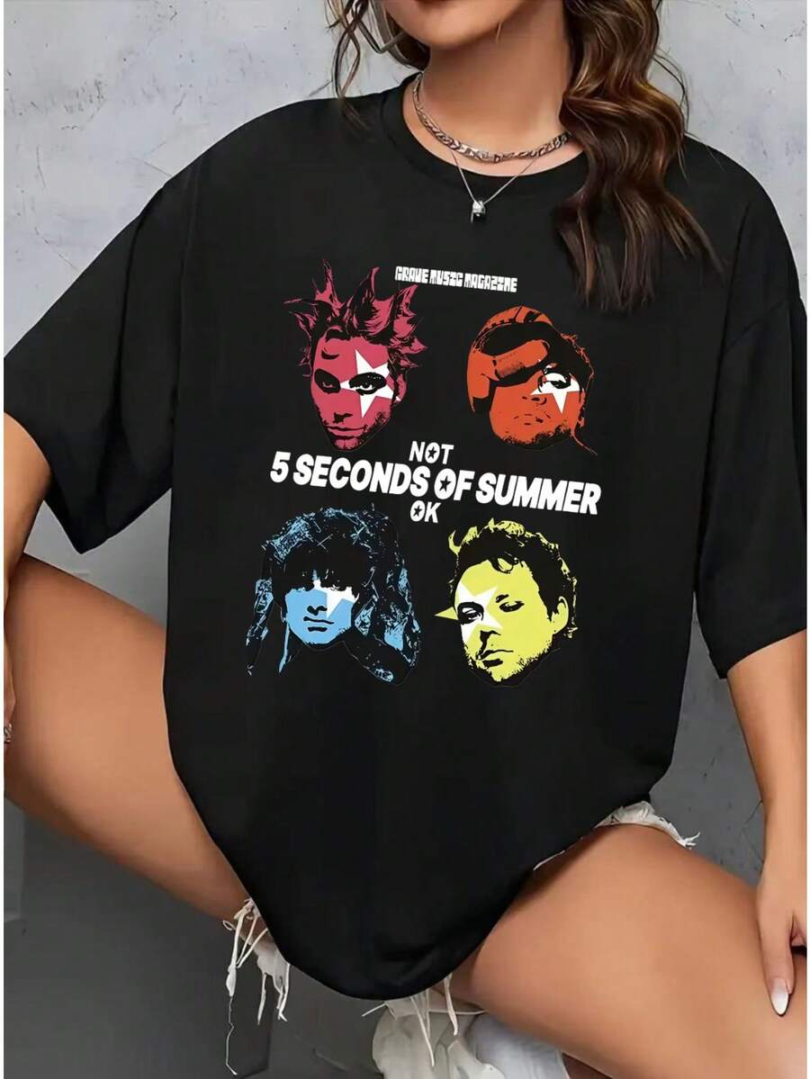 Camiseta de mujer con estampado "Not OK" de 5SOS - Incluye retratos de los miembros y el texto "Not OK" - Camiseta casual de cuello redondo para fans de 5 Seconds Of Summer playeras de hombre playeras oversize de mujer y2k camisa de mujer camisa blusa casual mujer blusa elegante mujer ofertas - Negro - Ver 1