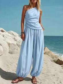 New Women's Summer 2-Piece Set, Minimalist Casual Style, Solid Color, Sleeveless Top, High-Waisted Loose Pants, Flattering, Perfect For Daytime Looks, Walks And Casual Occasions - 淺藍色 - 查看 4