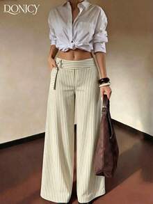 Pantalones anchos de rayas azul marino de moda para mujer, tela con caída, detalles de botón de metal de cintura alta, adecuados para la oficina y ocasiones casuales - Albaricoque - Ver 3
