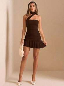 Vestido mini elegante con estampado floral crema y amarillo, con pliegues, asimétrico, sin tirantes y con tirantes anudados, para mujer en otoño/invierno. Vestido de cumpleaños, boda, cóctel, elegante y sexy, romántico, para cita, fiesta nocturn - Café integral - Ver 5