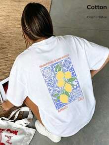 Camiseta para Mujer con Estampado Espacial, Cuello Redondo, Manga Corta, Diseño Oversized, Ideal para Uso Diario - Negro - Ver 9