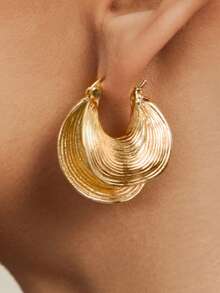 Altistry 1 Pair Exaggerated Metal Asymmetrical Spiral Striped Hoop Earrings, Suitable For Daily Wear For Women - Gold - View 3