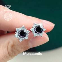 925 Sterling Silver 1 Carat Black Moissanite Snowflake Stud Earrings, Gift For Women On Valentine's Day, Christmas, Halloween, New Year, Suitable For Daily, Vacation, Party, Wedding, Bride, Luxury & Versatile Jewelry - Silver - View 3
