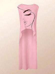 Camisa de mujer sin mangas con estampado de rostro abstracto, corta por delante y larga por detrás, con silueta en línea A - Rosa - Ver 3