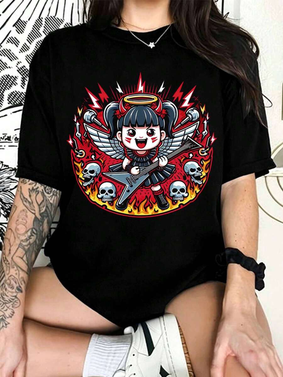 BabyMetal Oversized Black "Kawaii Metal" T-Shirt With Cartoon Rocker Girl Design, Fan T-Shirt - Black - View 1