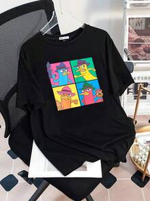Colorful Graphic With A Cartoon Character In A Secret Agent Style Showing Different Funny Expressions And A Background Divided Into Vibrant Tones That Convey Energy And Humor. Casual And Comfortable Women's T-Shirt For Everyday Wear - 黑色 - 查看 3