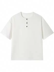 1件灰色亨利領短袖男士 Polo 衫 T-shirt，鈕扣門襟華夫格紋理，輕量透氣舒適，可機洗，美式街頭極簡休閒風，適合夏季日常通勤與休閒穿著 - 白色 - 查看 9