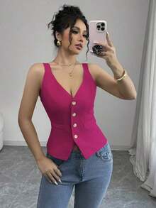 Camiseta sin mangas de un solo pecho de unicolor casual para mujer - Rosa Fucsia - Ver 8