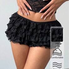 Women's New Sexy Lace Solid Color Black Cake Skirt Ruffle Low Waist Short Shorts,Valentine's Day,Valentines,Shorts For Women,Y2k,Valentine's Day,Graduation,Back To School Outfits Summer Outfits For Women Summer Clothes Summer Holiday Outfits - Rosa Pálido - Ver 2