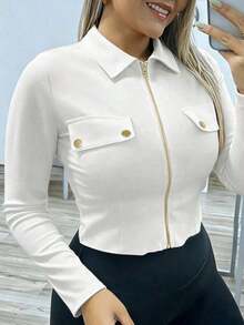 Blusa de manga larga con cuello, ajustada y con cremallera, con decoración metálica, de estilo sexy para mujeres - Blanco - Ver 3