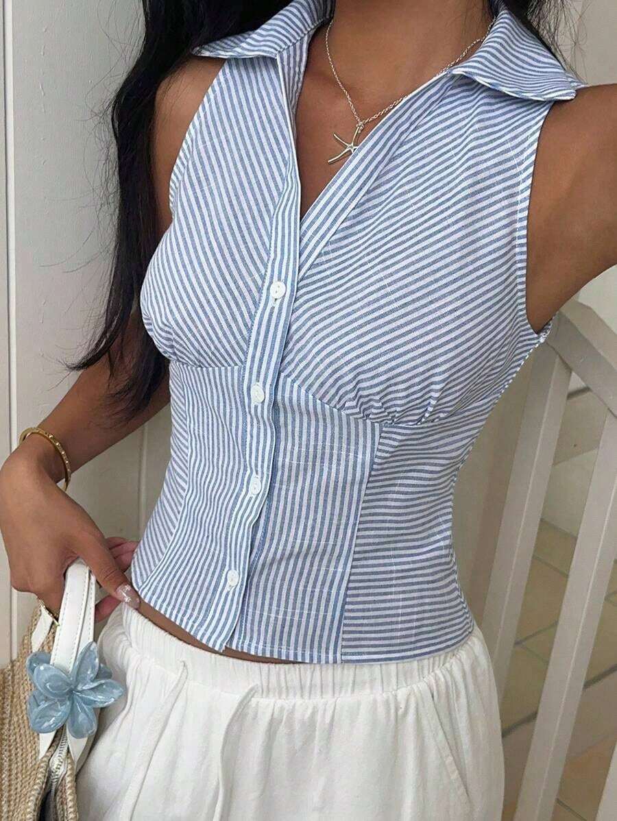 Camisa informal sin mangas con botones delanteros, de tejido negro, para verano - Azul y blanco - Ver 1