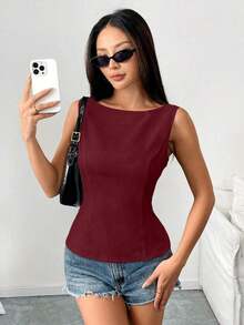 Camisa sin mangas con lazo en la espalda de unicolor, elegante, casual, sexy y minimalista para uso en la oficina y negocios para mujeres, primavera/verano - Burdeos 2 - Ver 6