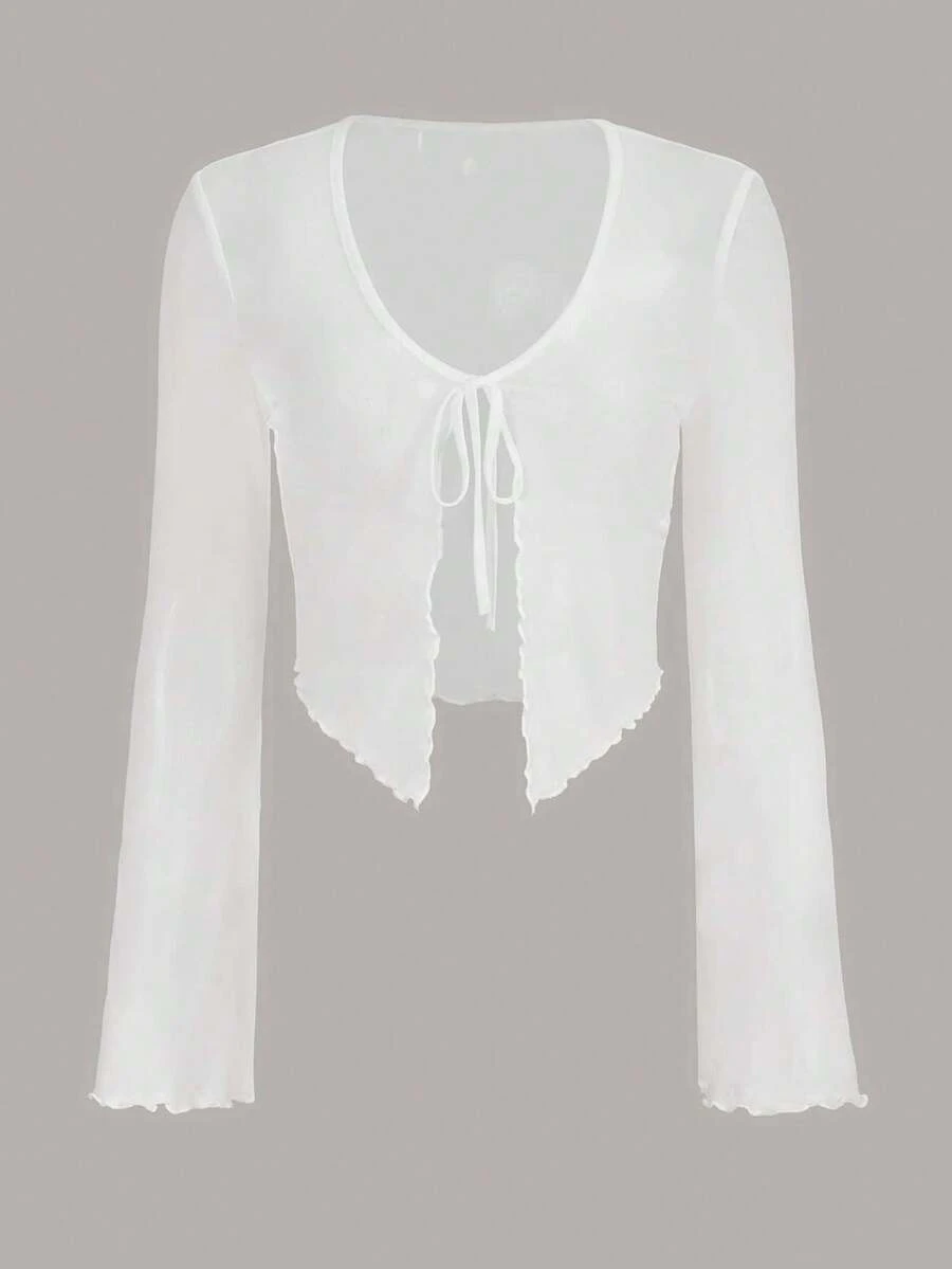 Top de malla con detalle de borde de lechuga y cierre delantero sólido estilo Y2K - Blanco - Ver 1