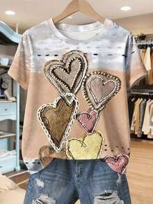 Camiseta de mujer con cuello redondo y manga corta con estampado floral sintético, cómoda para uso casual diario - Multicolor 5 - Ver 6