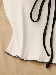 Top de tirantes con lazo y ribete de lechuga en contraste, elegante y ajustado, top para salir para mujeres, apto para el estilo del milenio - Blanco - Ver 6