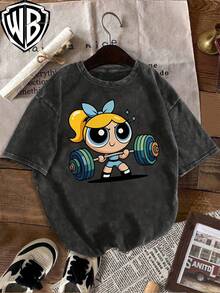 Camiseta de Cuello Redondo Lavable con Estampado de la Serie "Powerpuff" Estilo Levantamiento de Pesas, Diseño de Primavera y Verano, Estilo Casual de Calle,  Unisex para Hombres y Mujeres, Corte Holgado - Negro - Ver 7