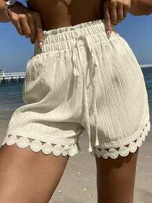 Conjunto de 3 piezas de ropa de verano para vacaciones en la playa para mujer: Cubrecostos con cintura anudada y encaje, Top de traje de baño, Shorts - Albaricoque - Ver 4