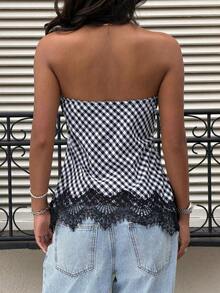 Top bandeau de satén mate con ribete de encaje, de moda casual de verano para playa y resort para mujer - Blanco y Negro - Ver 2