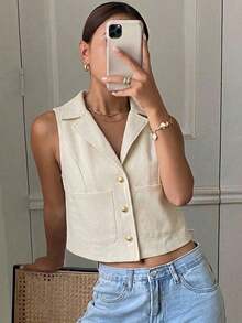 Chaqueta ajustada sin mangas de cuello redondo de unicolor para mujer, primavera/verano - Albaricoque 4 - Ver 1