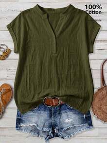 Camisa de mujer de unicolor con cuello en V, casual y versátil para uso diario - Verde militar - Ver 1
