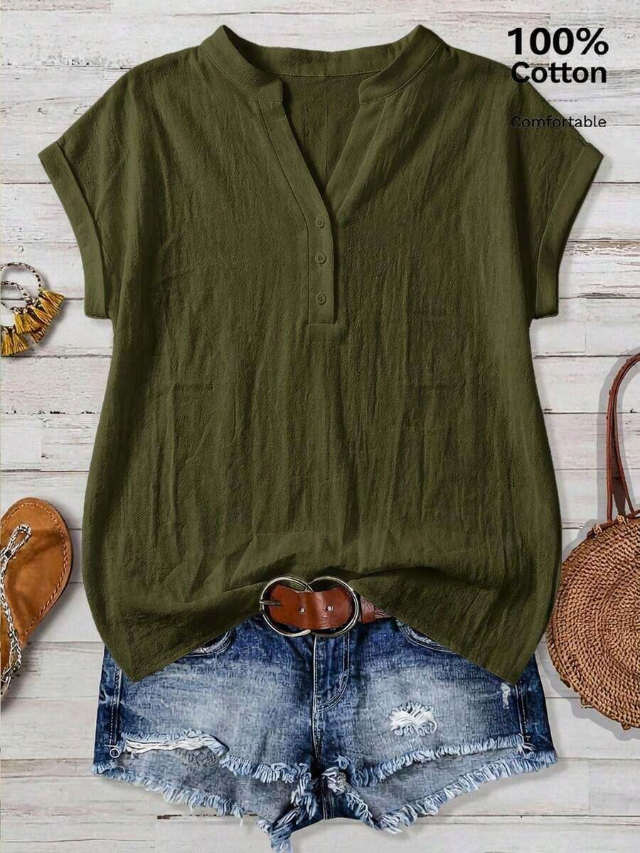 Camisa de mujer de unicolor con cuello en V, casual y versátil para uso diario - Verde militar - Ver 1