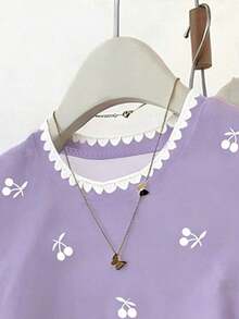 Blusa casual de mujer, con diseño estampado de cerezas elegante, cintura fruncida favorecedora, adecuada para verano, vuelta al colegio, uso diario, fiesta, cita, que llama mucho la atención - Morado - Ver 3