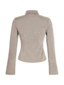 Camisa elegante de manga larga con rayas azules y blancas de corte slim para uso diario, estilo francés para mujeres - Albaricoque - Ver 8